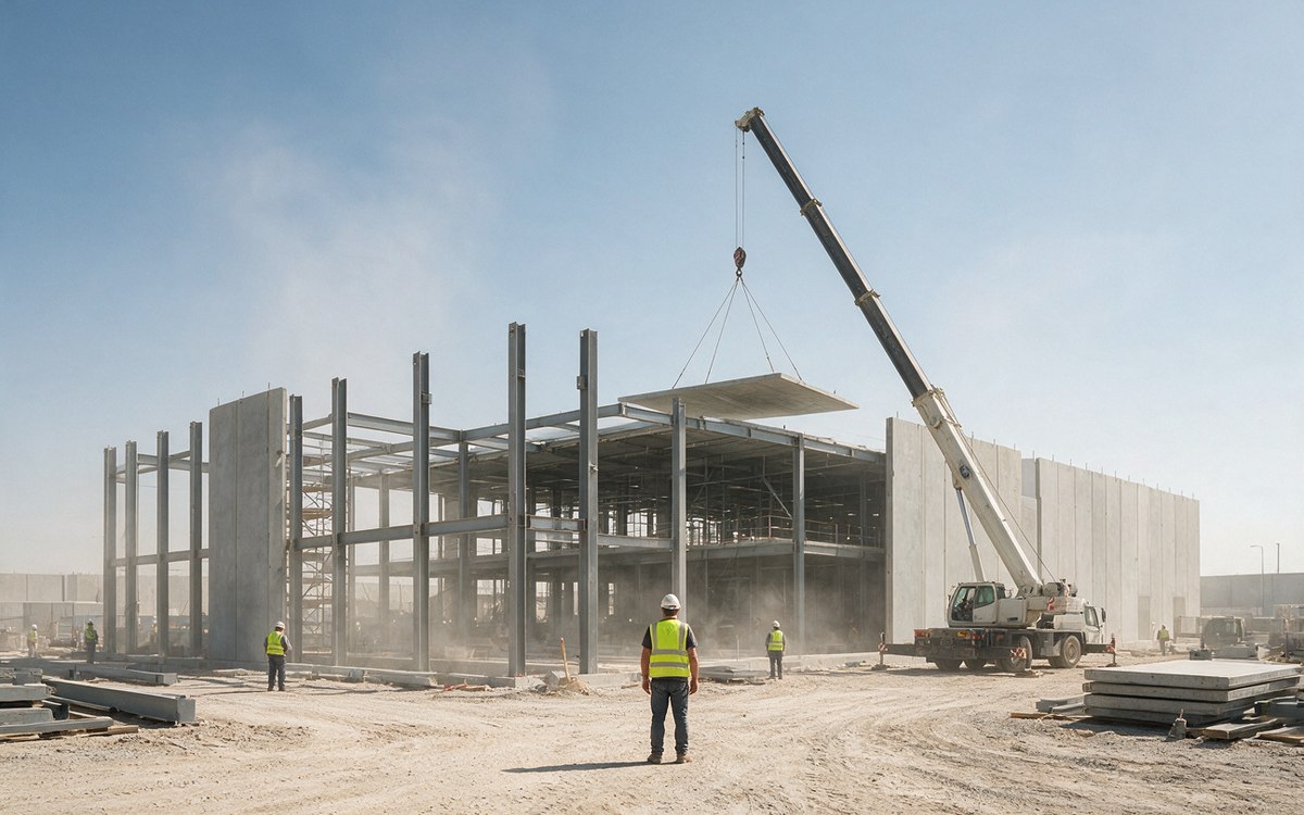 Mobile crane lifting a roof panel on a data center construction site