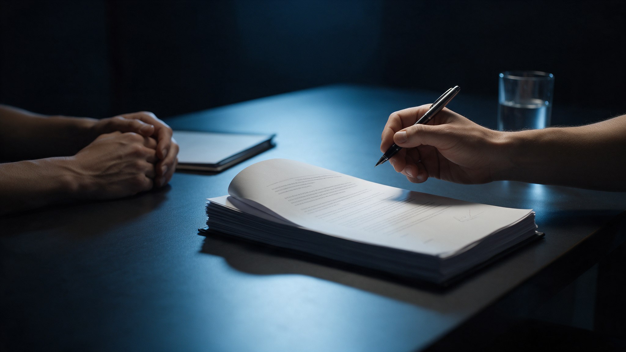 Hands signing a document at a dark conference table