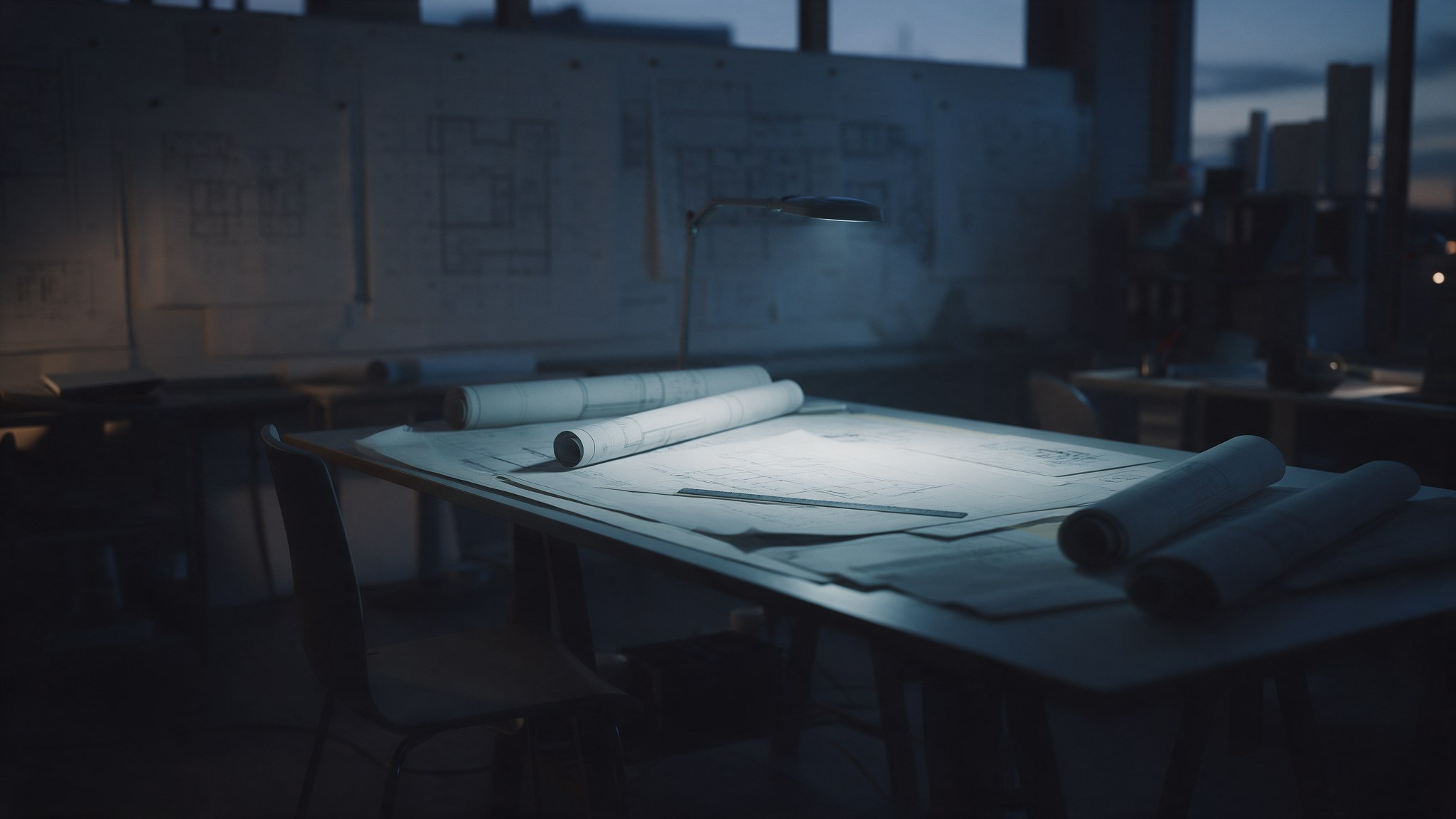 Rolled drawings and plans on a desk by a window overlooking an industrial skyline