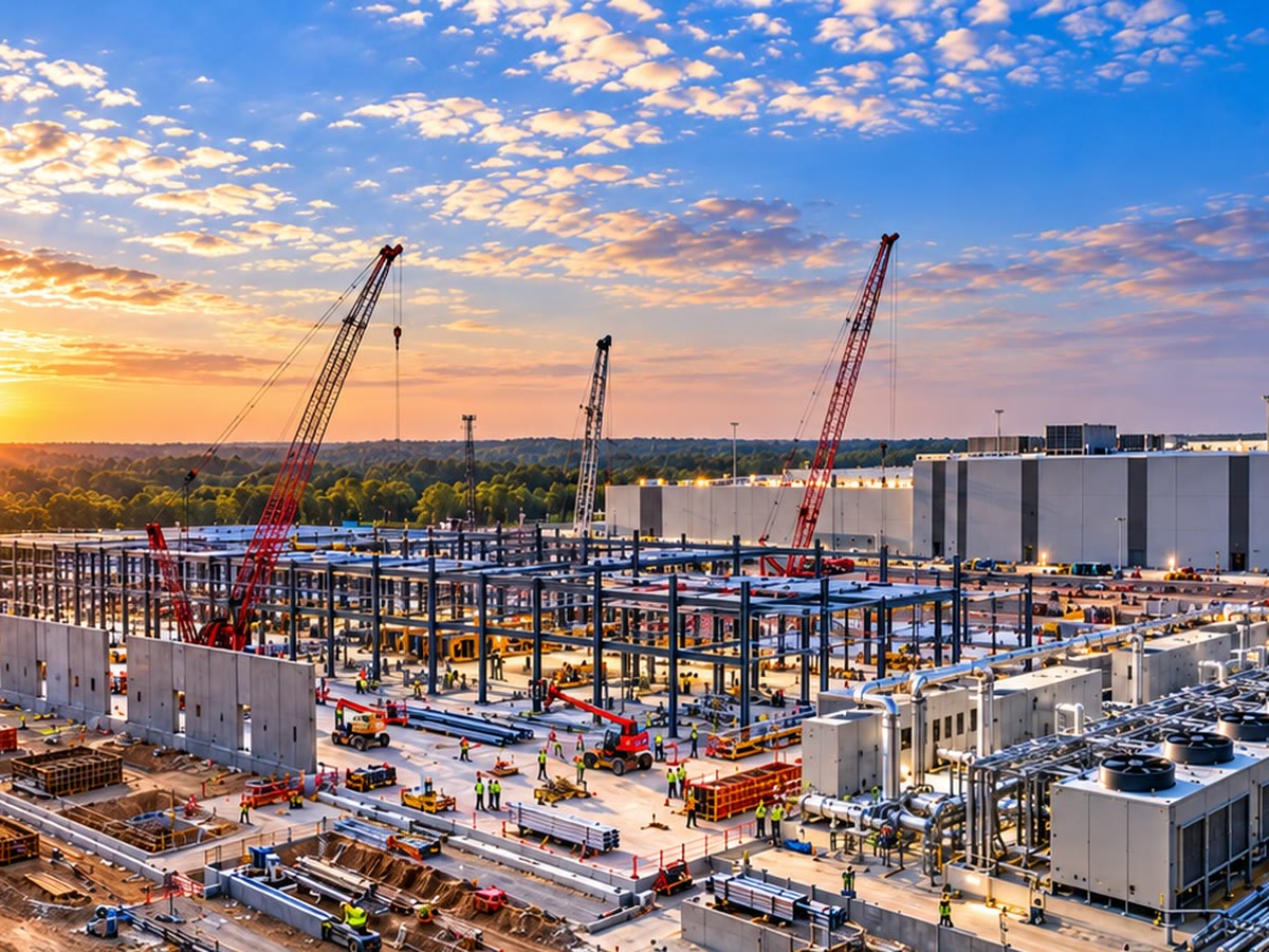 Data center under construction at sunset, with cranes over the structural steel
