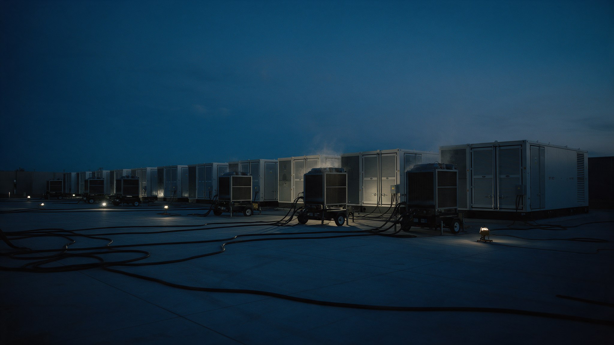 Rooftop mechanical equipment on a data center at dusk