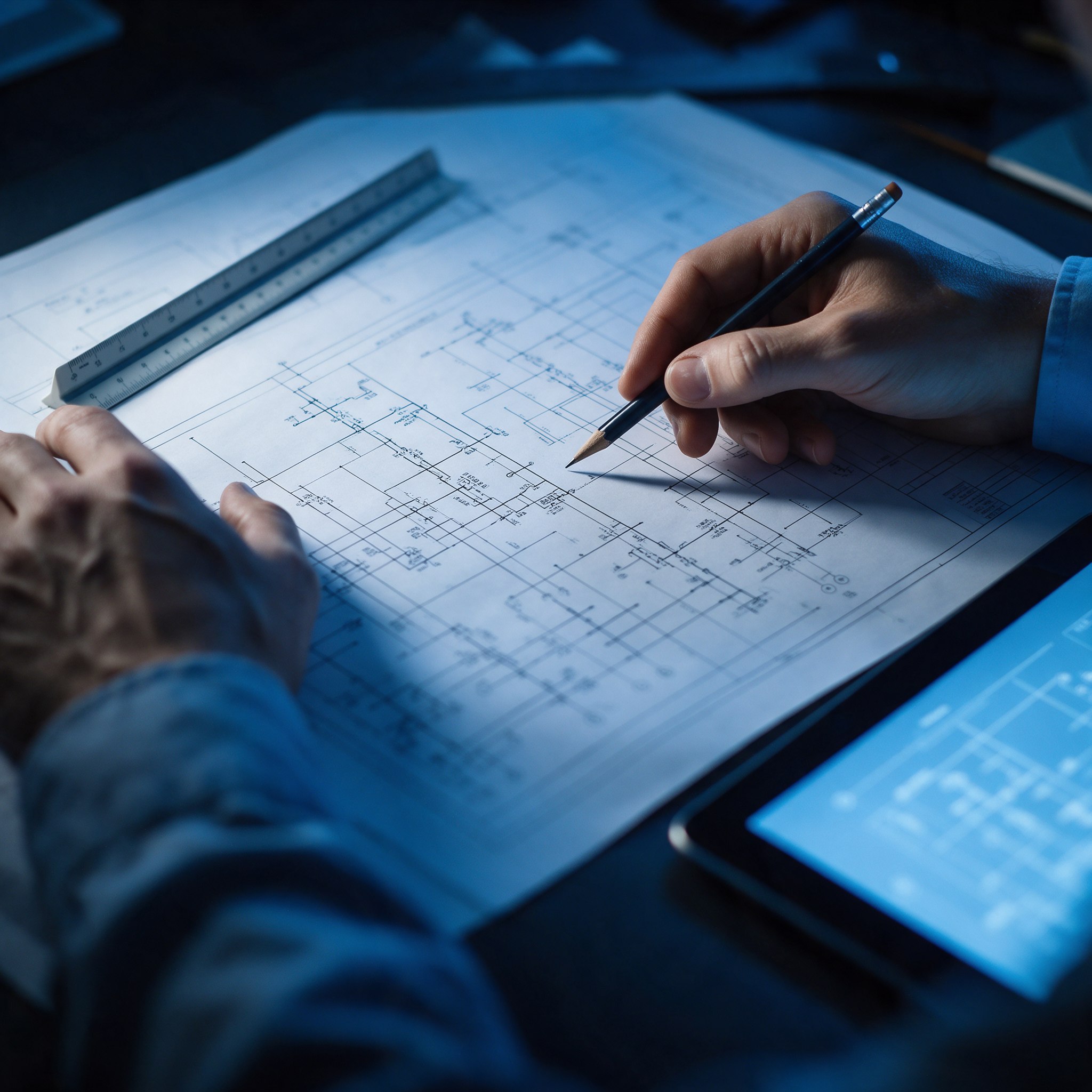 Engineer’s hands reviewing an electrical single-line diagram