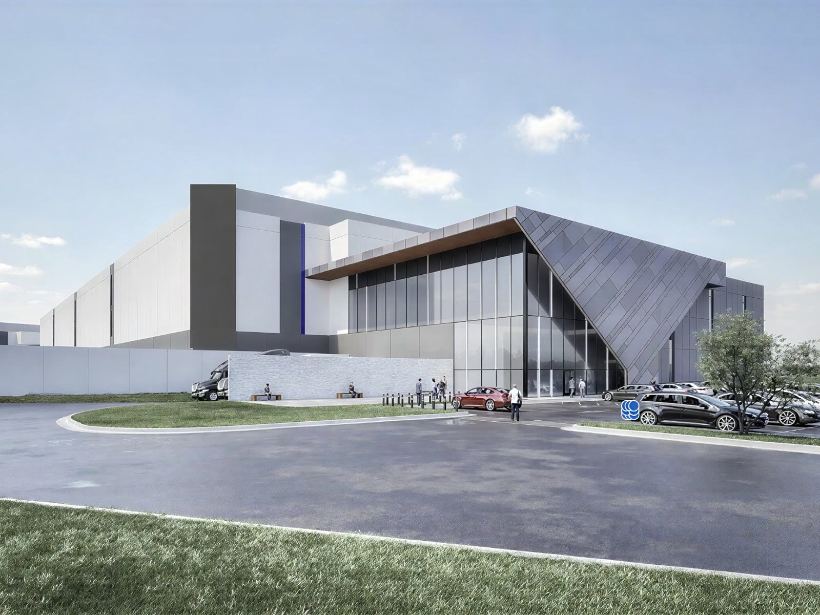 Rendering of a data center entrance with an angled metal-clad facade and a glass lobby
