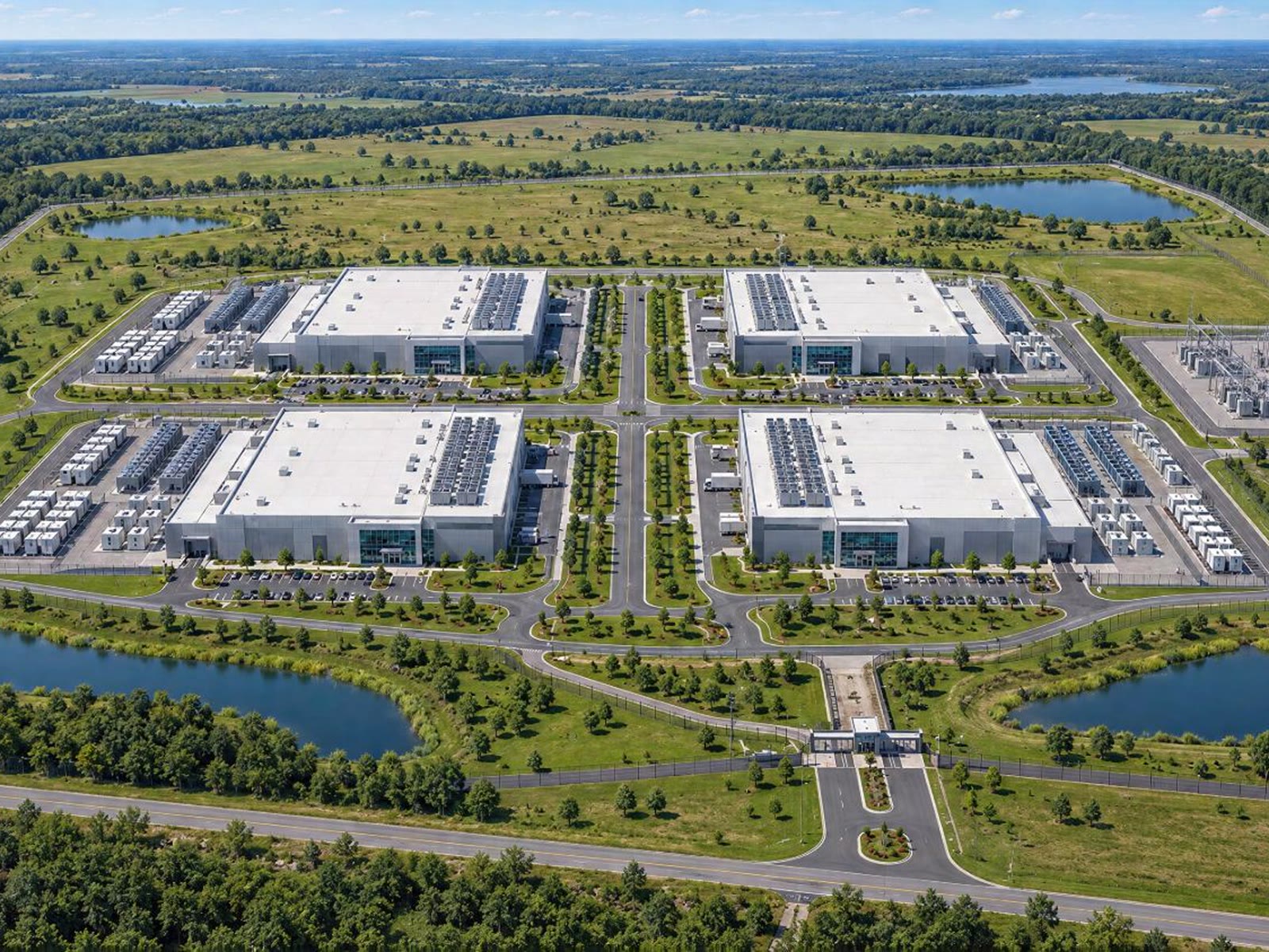 Aerial view of a four-building data center campus with an on-site substation and stormwater ponds